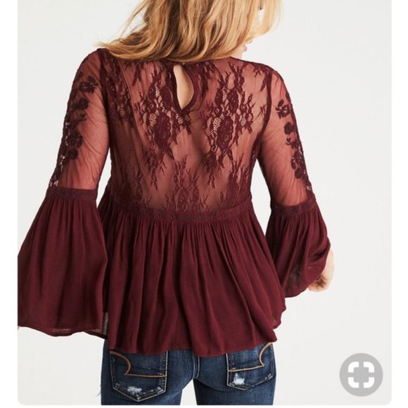 aeo embroidered mesh bell sleeve top - Picture 2 of 10